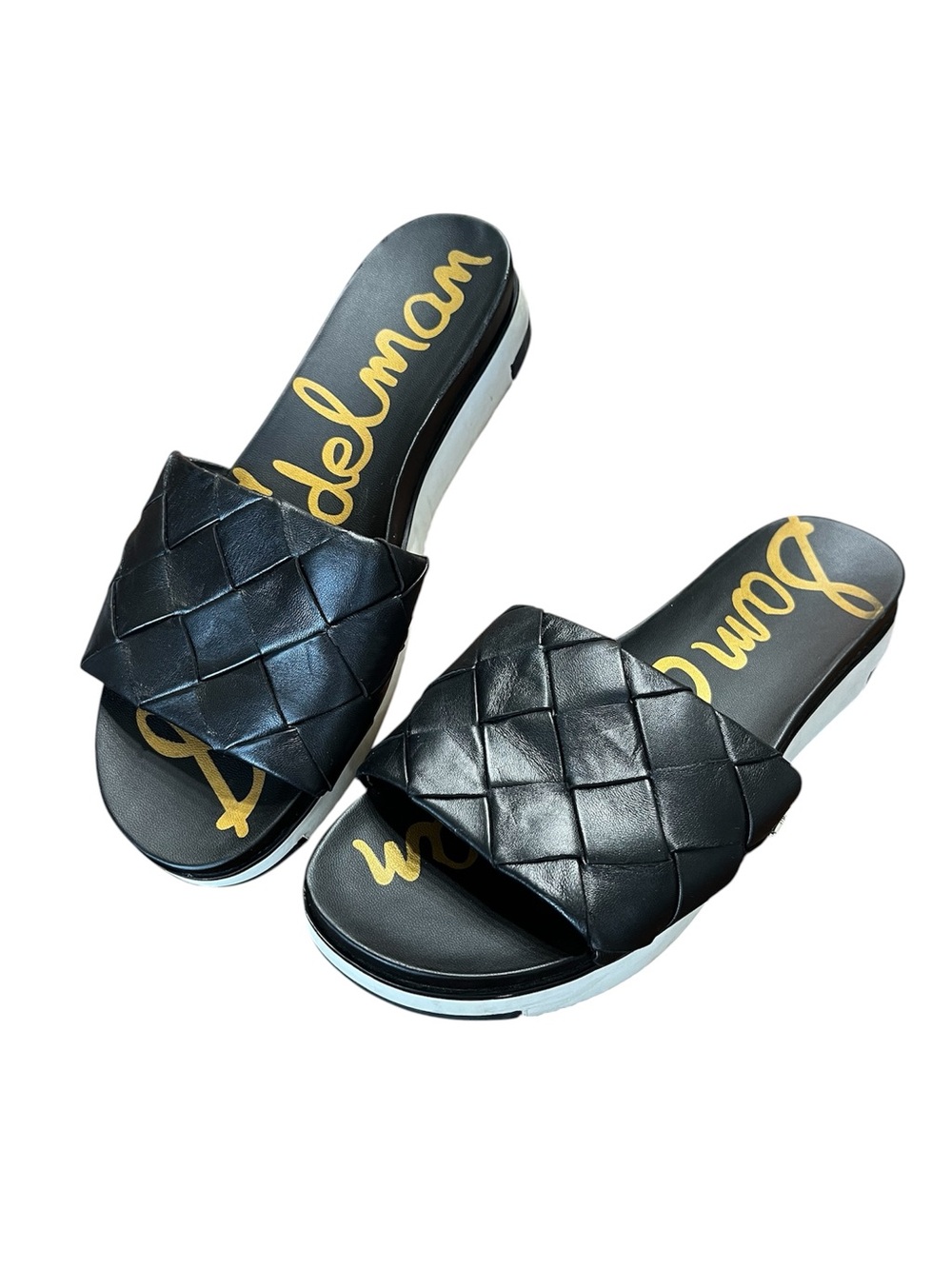 Sam Edelman Adaley Leather Woven Sandals Slides Shoes Sz 9.5 Black Platform